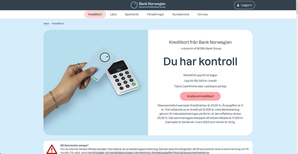 Bank Norwegian kreditkort skärmdump