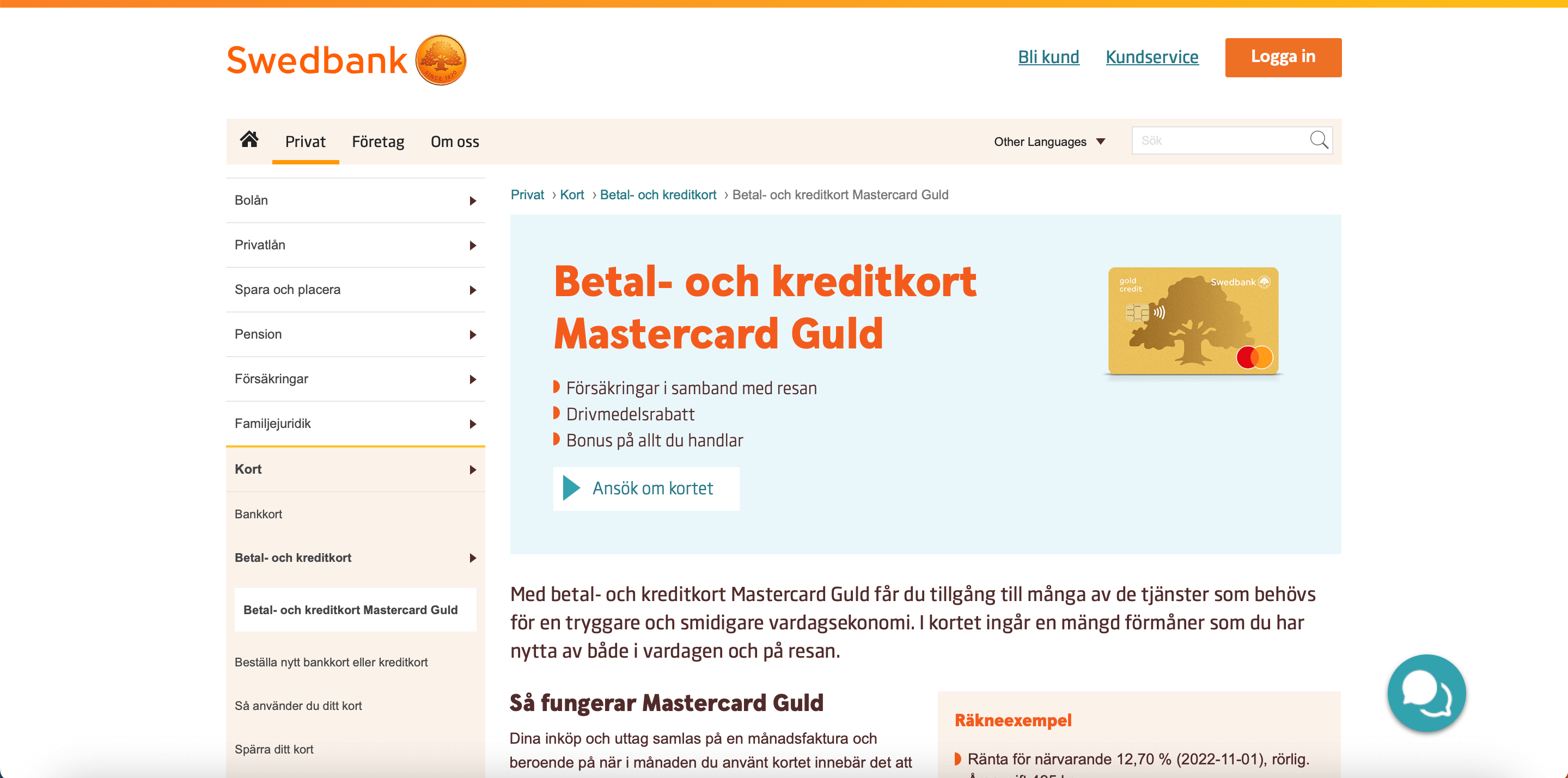 Swedbank Kreditkort Guld ansökan skärmdump