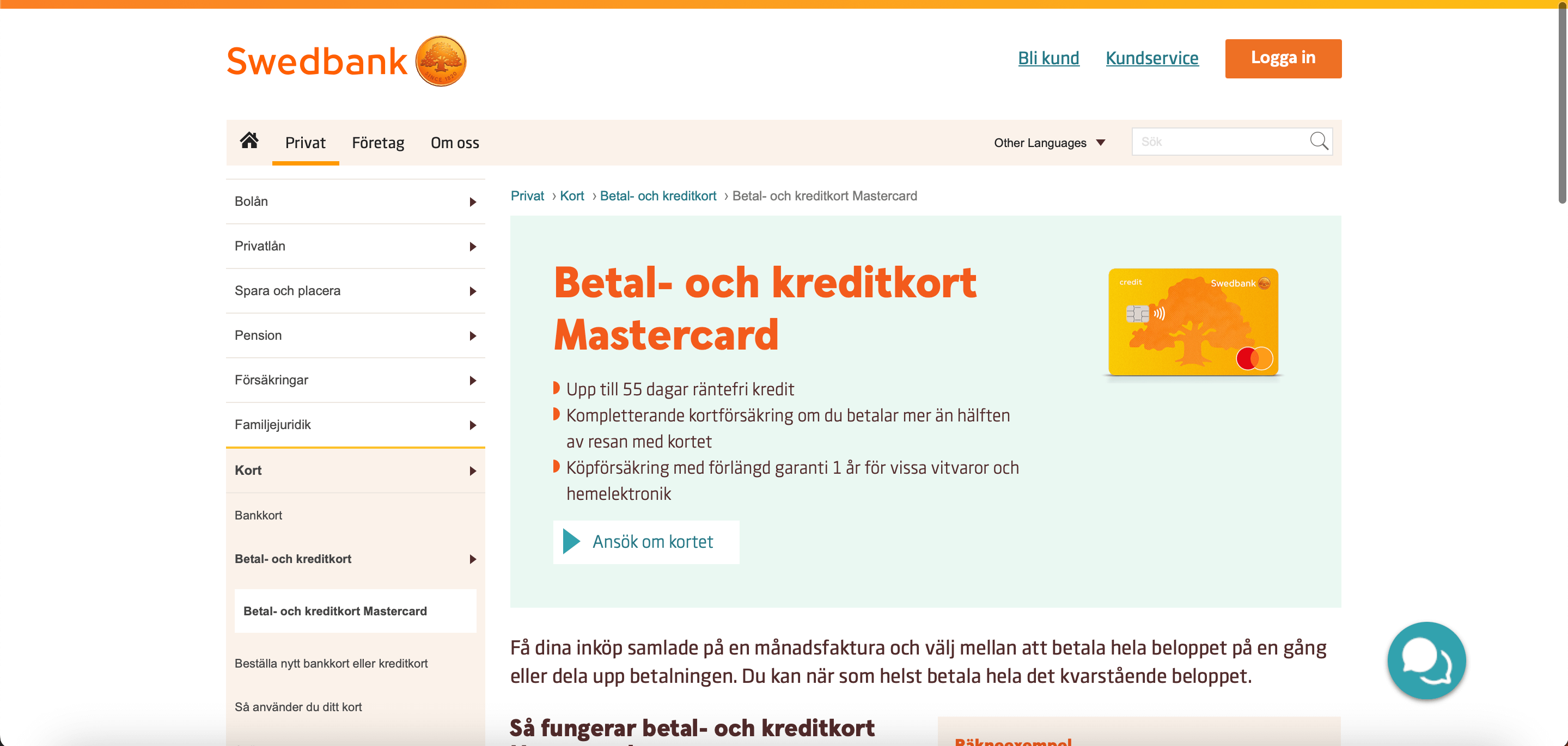 Swedbank Mastercard Kreditkort ansökan skärmdump